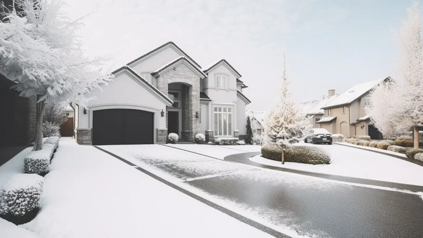 A modern suburban house and asphalt driveway covered in fresh snow, surrounded by snow-covered trees and bushes.