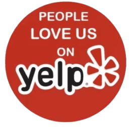 yelp Red circle with text "People Love Us on Yelp" and Yelp's logo in the center.