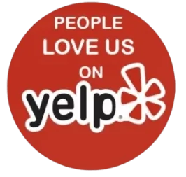 yelp Red circle with text "People Love Us on Yelp" and Yelp's logo in the center.