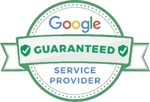 Circular badge with “Google Guaranteed Service Provider” and green checkmarks on a white background.