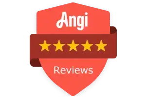 Red badge with “Angi” at the top, five yellow stars, and “Reviews” at the bottom.