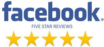 Facebook logo above text “Five Star Reviews” and five yellow stars, indicating a five-star rating.